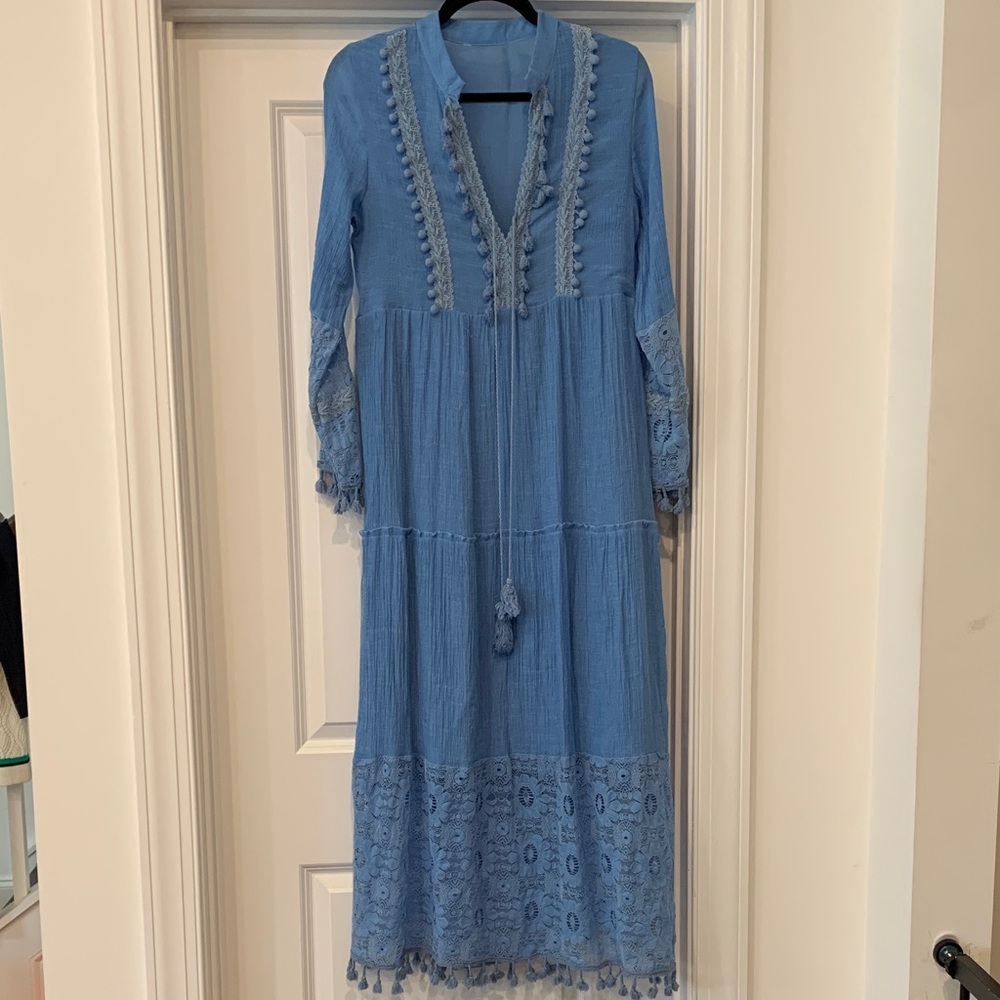 Periwinkle boho Lace accent and tassel trim Maxi Dress s/m